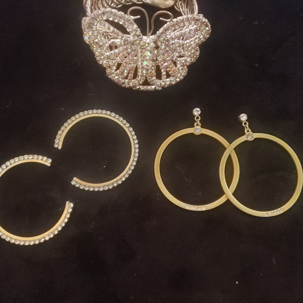 LETS BLING! Sparkling Jewelry Trio: Crystal Butterfly Cuff & Two 2" Hoops Bundle